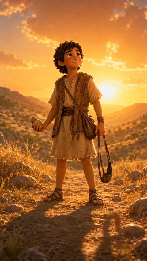 Young David stands in a golden valley holding his sling