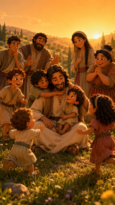 Children gather laughing around Jesus in a green field at golden hour
