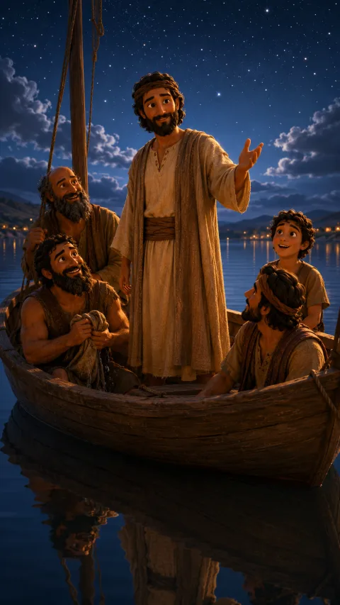 Jesus stands in the boat under the night sky as the sea grows still