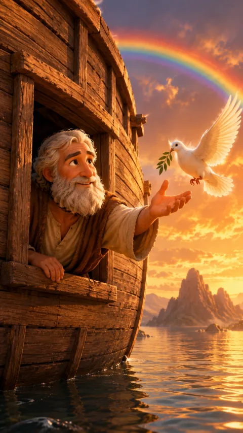 Noah leans from the ark window as the dove returns with an olive leaf, a rainbow behind