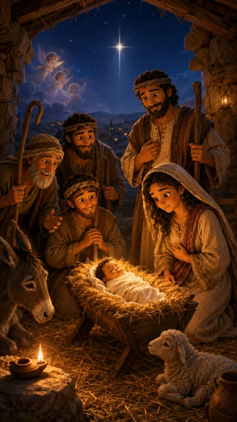 Mary, Joseph, and shepherds gather around the manger under a bright star